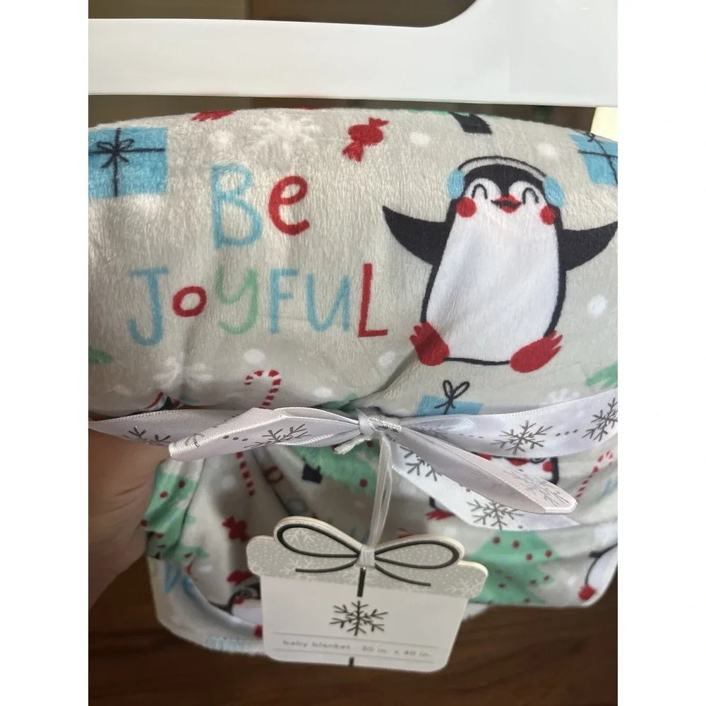 Penguin Christmas‎ Holiday Gray White Baby Blanket 